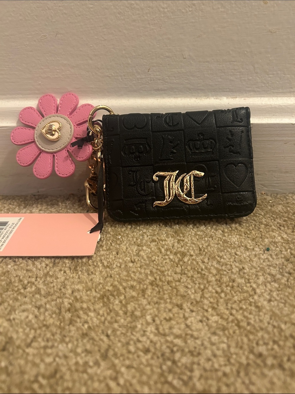 Juicy Couture Black Embossed Cardholder with Gold JC Logo & Pink Flower Charm